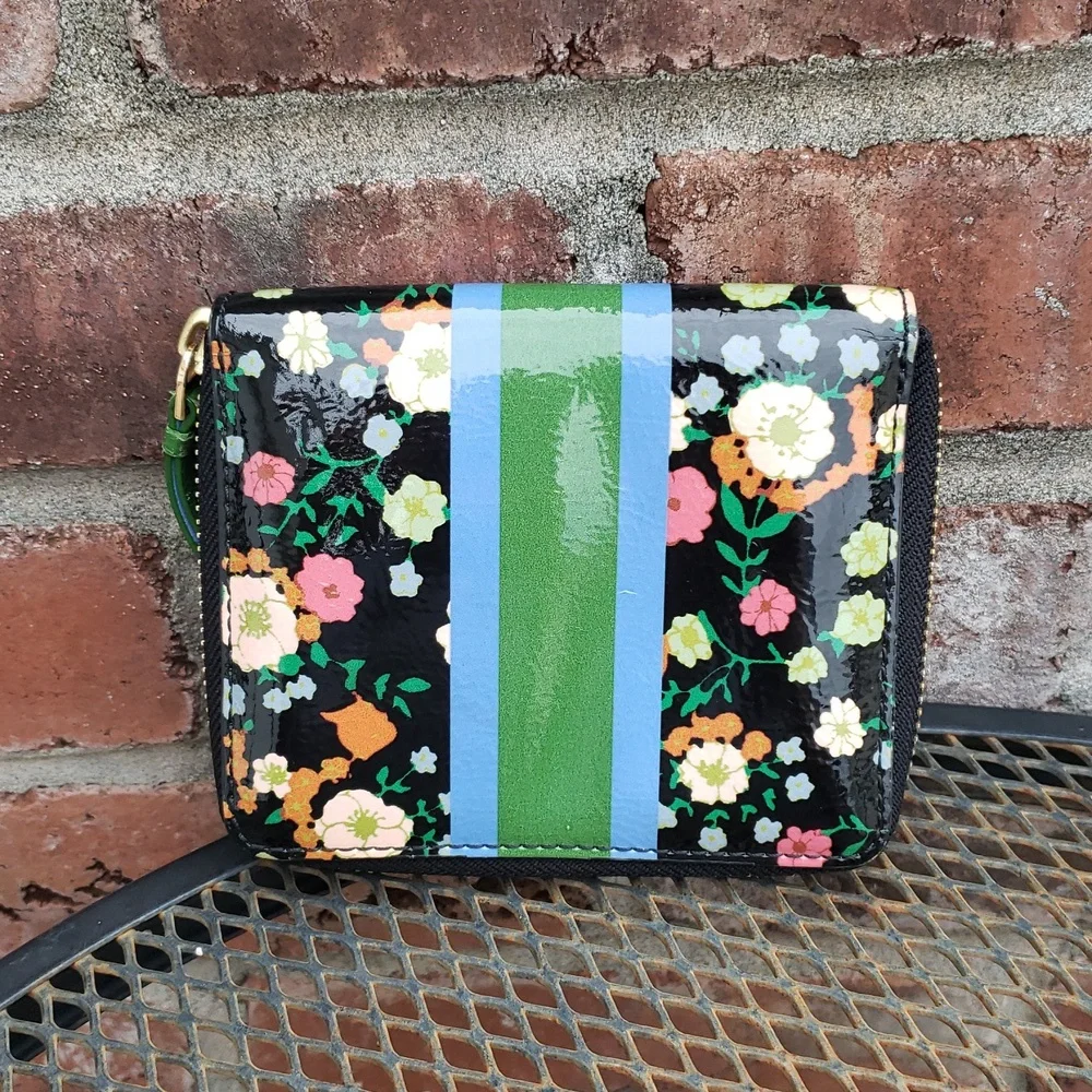 Tory Burch Vilette Patent Floral Leather Zip Around Compact Wallet Designer